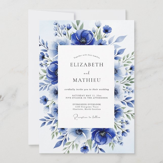 Royal Blue Watercolor Bloom Wedding Invitation (Front)