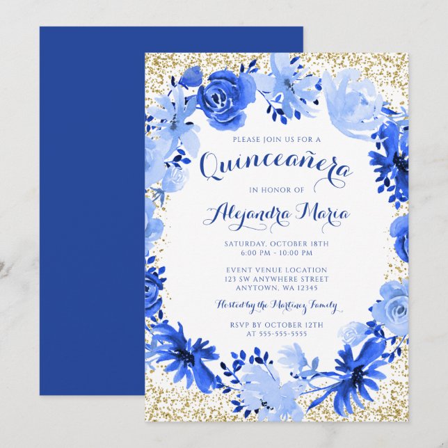 Royal Blue Watercolor Floral Gold Quinceanera Invitation (Front/Back)