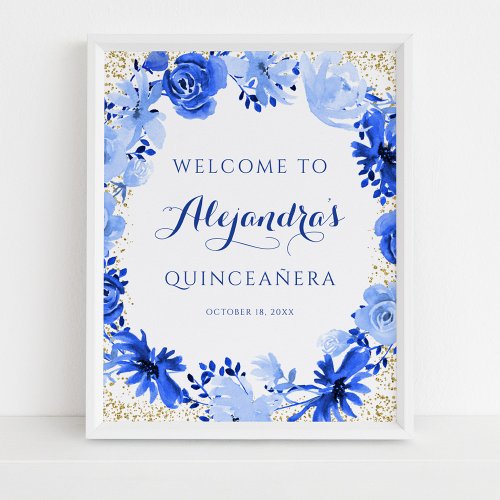 Royal Blue Watercolor Floral Gold Quinceanera Poster