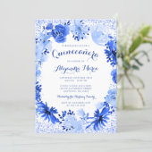 Royal Blue Watercolor Floral Quinceanera Invitation (Standing Front)