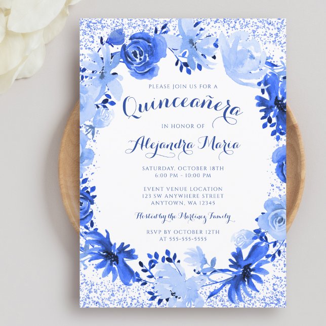 Royal Blue Watercolor Floral Quinceanera Invitation
