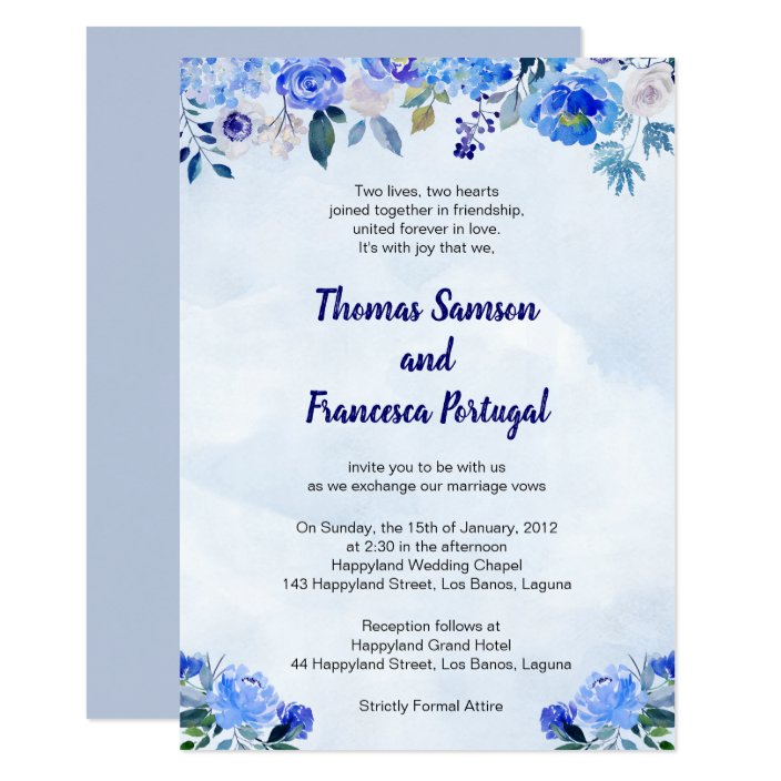 Royal Blue Watercolor Floral Wedding Invitation Zazzle Com