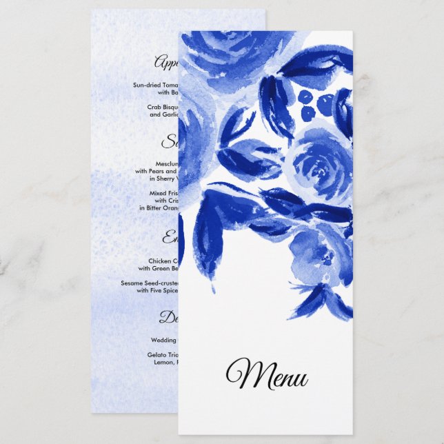 Royal Blue Watercolor Floral Wedding Menu Cards (Front/Back)