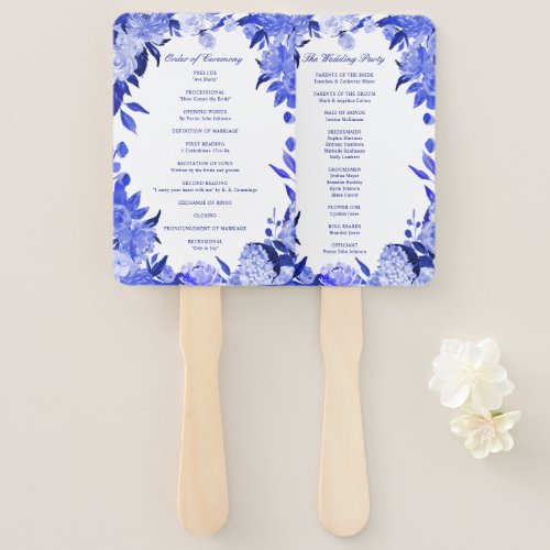 Royal Blue Watercolor Floral Wedding Program Hand Fan