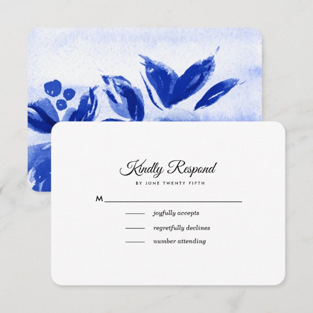 Royal Blue Watercolor Floral Wedding RSVP Cards (Front/Back)