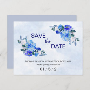 Royal Blue Watercolor Floral Wedding Save the Date Invitation