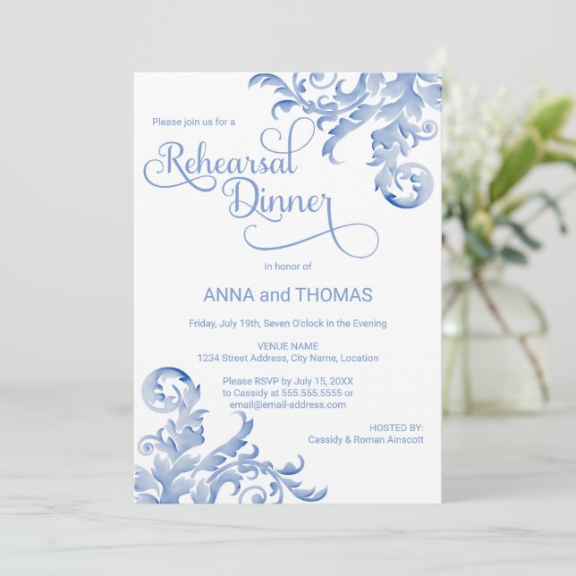 Royal Blue Watercolor Flourish Rehearsal Dinner Invitation (Standing Front)