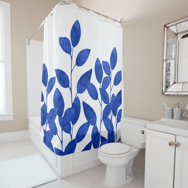 Royal Blue Watercolor Leaves Shower Curtain (In Situ)