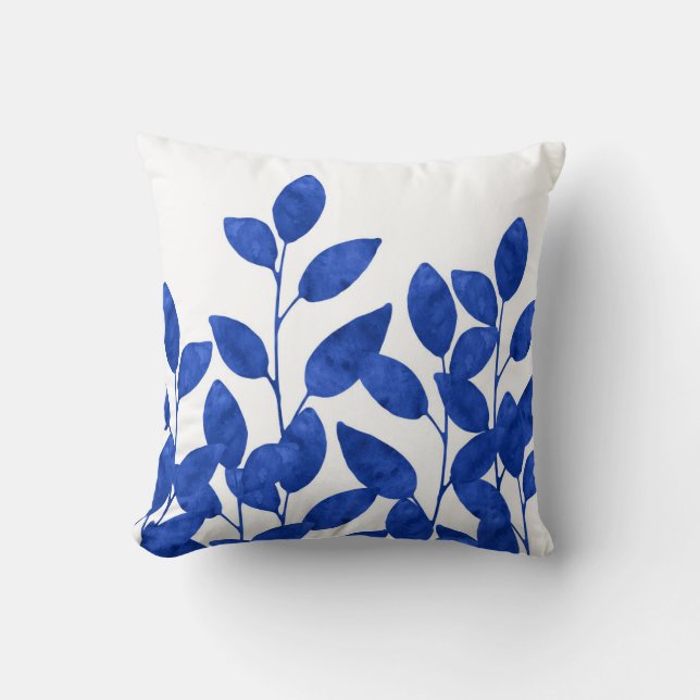 Royal Blue Watercolor Leaves Throw Pillow (Front)