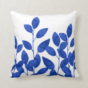Royal Blue Watercolor Leaves Throw Pillow