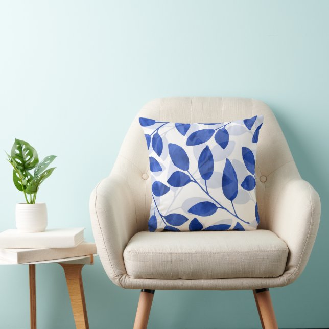 Royal Blue Watercolor Leaves Throw Pillow (Chair)