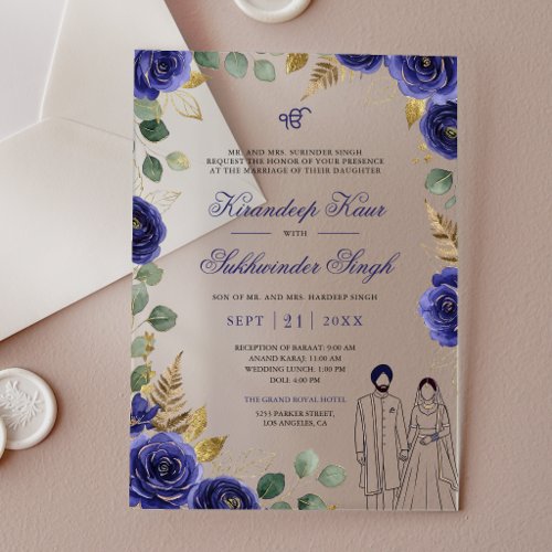 Royal Blue Watercolor Roses Floral Sikh Wedding Acrylic Invitations