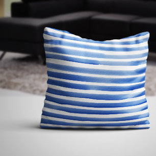 Royal Blue Watercolor Stripes Throw Pillow