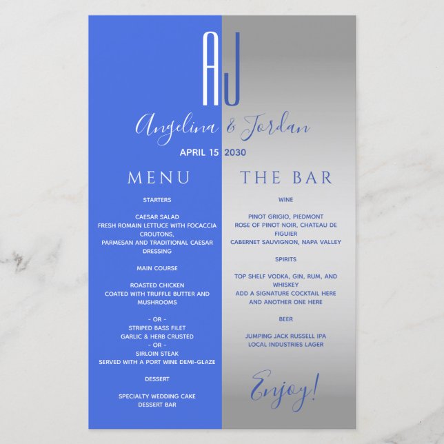Royal Blue Wedding Bar Menu (Front)