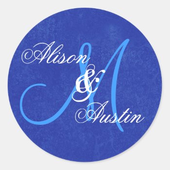 Royal Blue Wedding Custom Monogram D721 Classic Round Sticker by JaclinArt at Zazzle