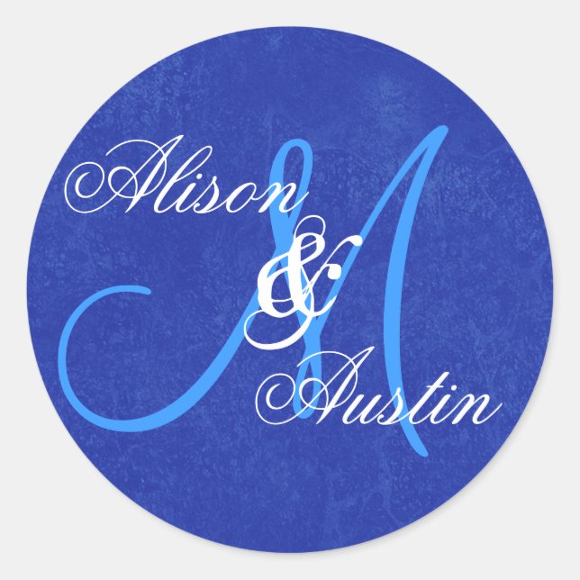 ROYAL BLUE Wedding Custom Monogram D721 Classic Round Sticker (Front)