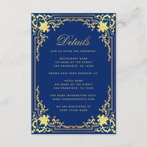 Royal Blue Wedding Details Elegant Faux Gold Foil Enclosure Card