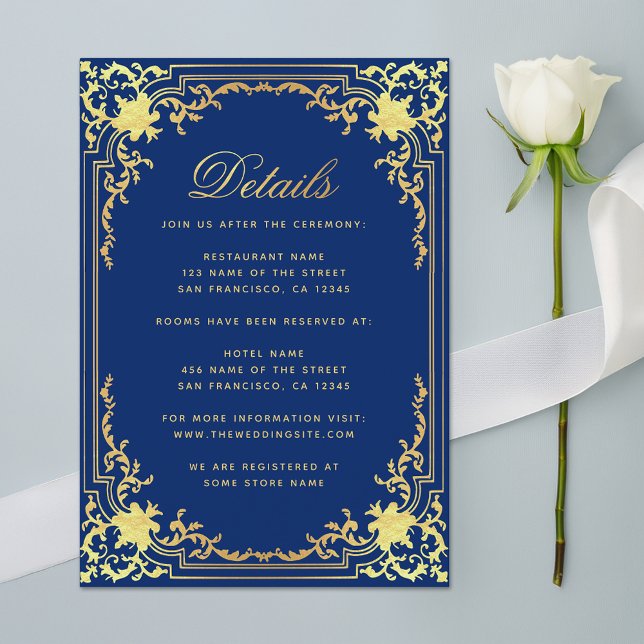 Royal Blue Wedding Details Elegant Faux Gold Foil Enclosure Card (Creator Uploaded)