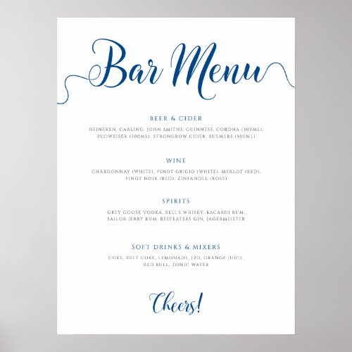 Royal Blue Wedding Drinks Menu Poster