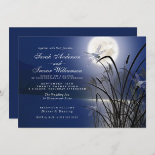 Royal Blue Wedding Full Moon Dragonfly Pond Invitation