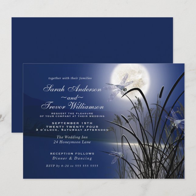 Royal Blue Wedding Full Moon Dragonfly Pond  Invitation (Front/Back)