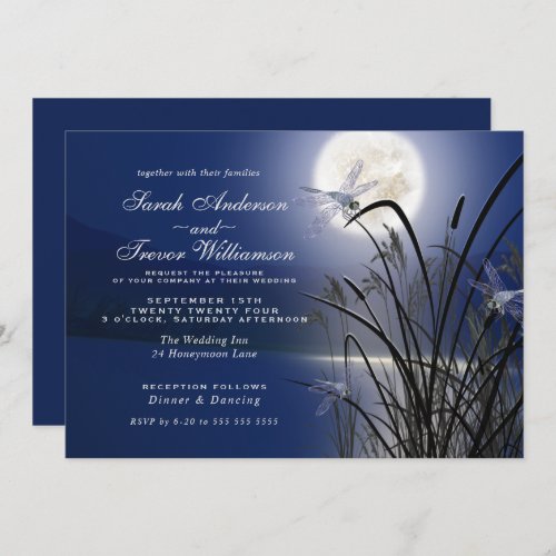 Royal Blue Wedding Full Moon Dragonfly Pond  Invitation