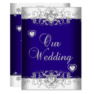 Royal Blue Wedding Silver Diamond Hearts 2 Invitation