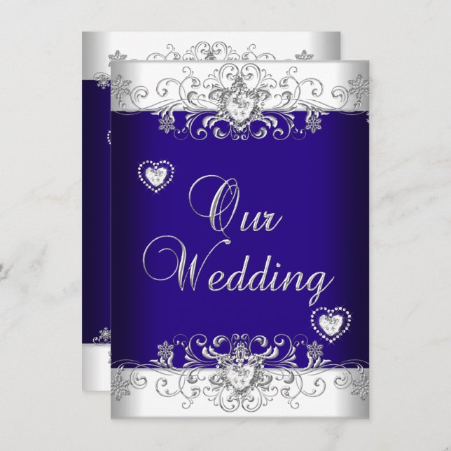 Royal Blue Wedding Silver Diamond Hearts 2 Invitation (Front/Back)