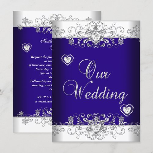 Royal Blue Wedding Silver Diamond Hearts 2 Invitations