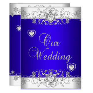 Royal blue Wedding Silver Diamond Hearts Invitation