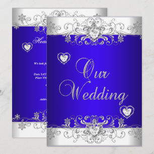 Royal blue Wedding Silver Diamond Hearts Invitation