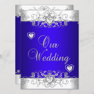 Royal blue Wedding Silver Diamond Hearts Invitation