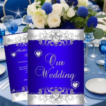 Royal Blue Wedding Silver White Diamond Hearts Invitation by Zizzago at Zazzle