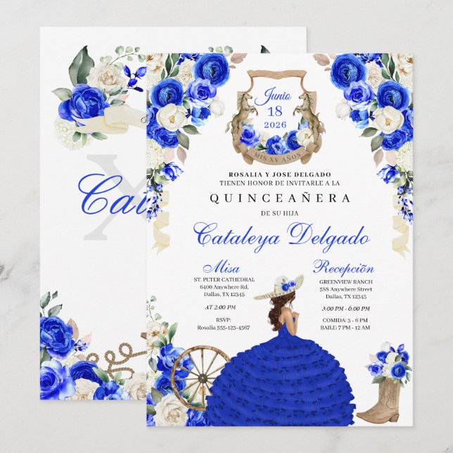 Royal Blue Western Fiesta Charro Quinceañera Invitation (Front/Back)