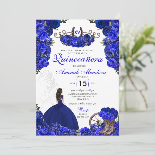 Royal Blue Western Princess Charro Quinceanera Invitation (Standing Front)