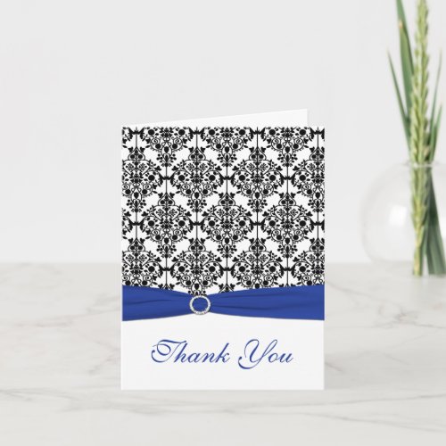 Royal Blue White and Black Damask Thank You Card