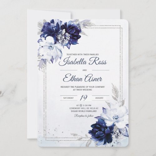 Royal Blue White And Silver Wedding Invitation