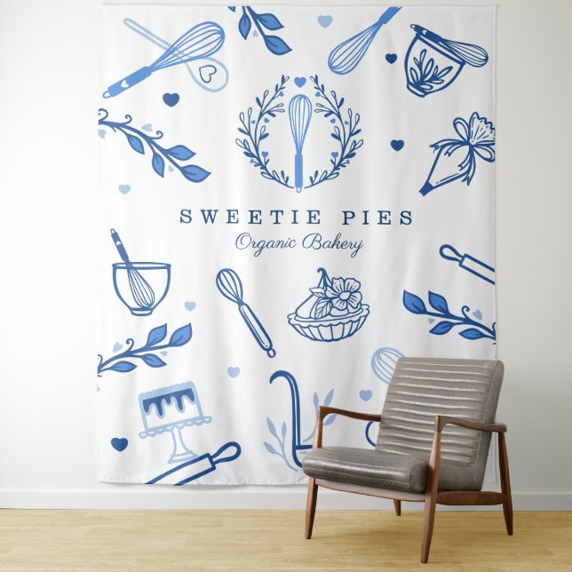 Royal Blue & White Baking & Cooking Utensil Bakery Tapestry (In Situ)