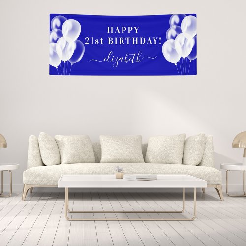 Royal blue white balloons name script birthday banner