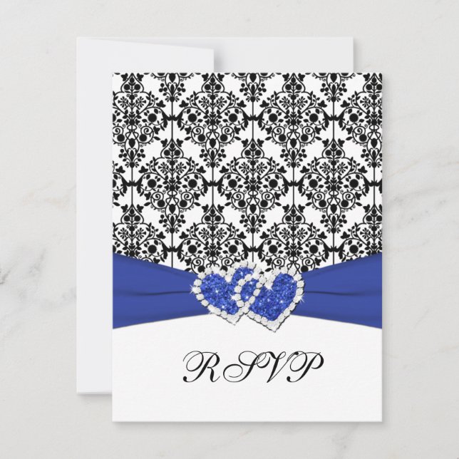 Royal Blue, White, Black Damask & Hearts RSVP Card (Front)