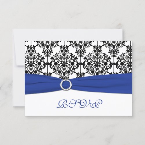 Royal Blue, White, Black Damask Reply Card