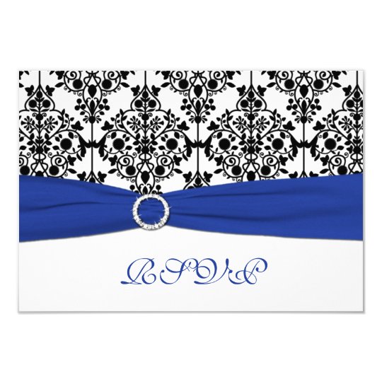 Royal Blue, White, Black Damask Reply Card