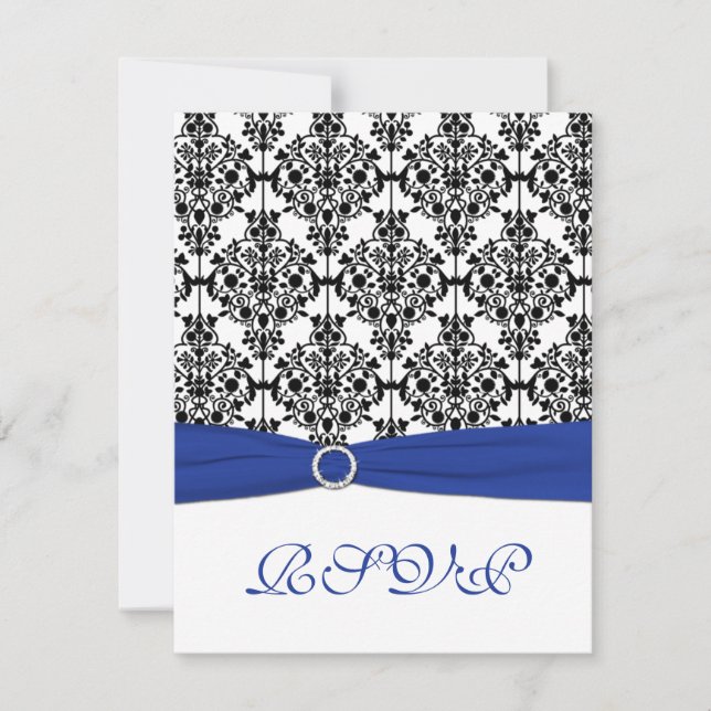 Royal Blue, White, Black Damask Reply Card (Front)
