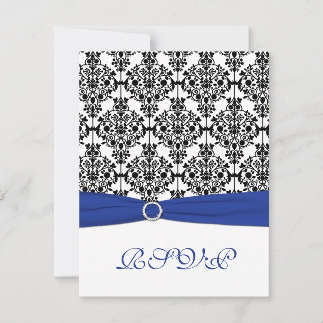 Royal Blue, White, Black Damask Reply Card (Front)