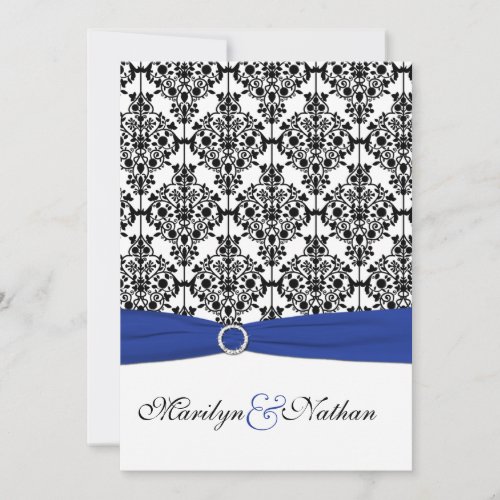 Royal Blue, White, Black Damask Wedding Invitation