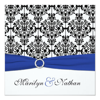 Royal Blue, White, Black Damask Wedding Invitation