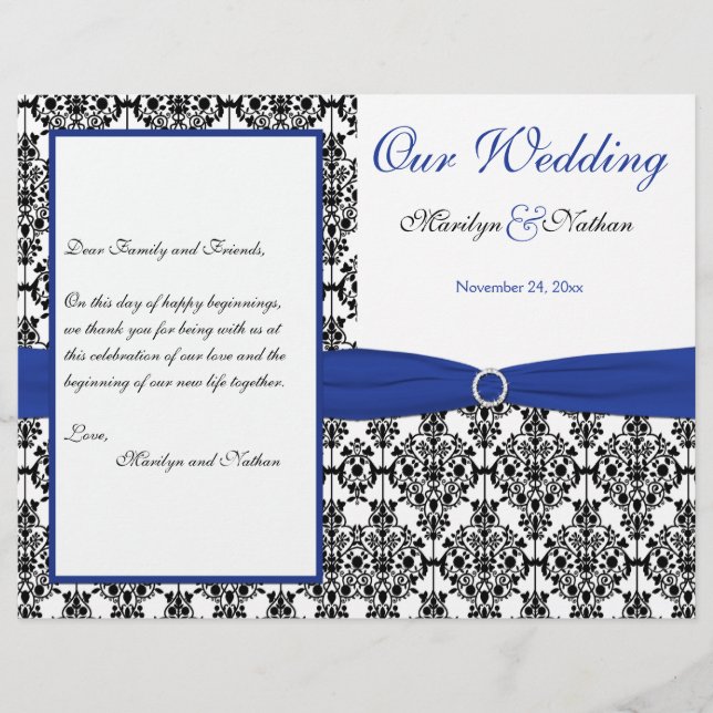 Royal Blue, White, Black Damask Wedding Program (Front)