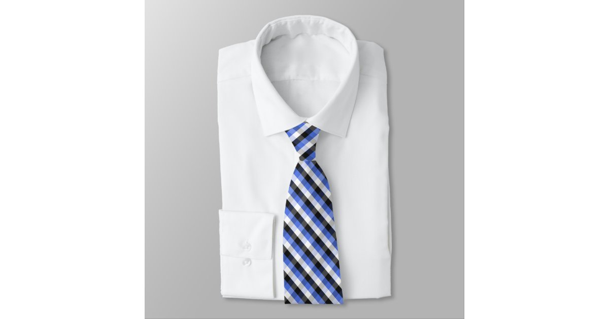 Royal Blue, White & Black Plaid Check Pattern Tie | Zazzle