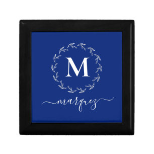 Royal Blue White Botanical Wreath Monogram Gift Box