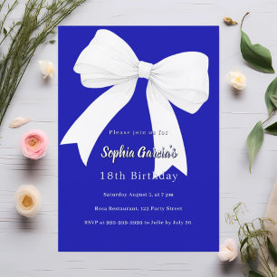 Royal blue white bow Birthday Invitation